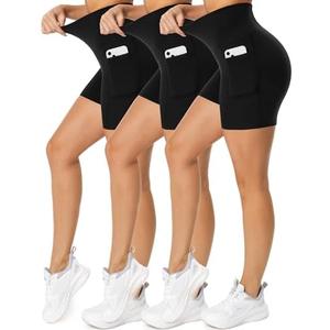 iaoja 3 Pack Biker Shorts for Women with Pockets-5" Tummy Control Fitness Athletic Workout Running Yoga Gym Shorts, Size: L/XL
