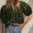 BETTE BOUTIK Women's Long Short Sleeve Tops 2025 Dressy Casual Button Hollow Out Lace Embroidered Blouses Shirts (Green, XXL)