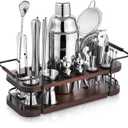 KITESSENSU Cocktail Shaker Set Bartender Kit with Stand | Complete 24-Piece Bar Set Cocktail Kit with All Bar Accessories: Martini Shaker, Jigger, Muddler | Drink Mixer Set for Home Bar Cocktails (Silver)