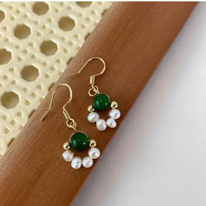 natural white Pearl green jade Earrings 14K Yellow Gold Over Yellow Gold crystal-pearl