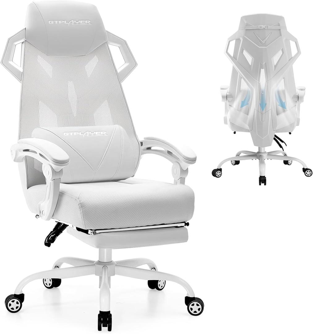 GTPLAYER Gaming Chair, Computer Chair with Mesh Back, Ergonomic Office Chair with Footrest, Reclining Game Chair with Adjustable Headrest and Lumbar Support for Gaming and Office (White)