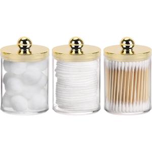Tbestmax 10oz Qtips Holder - Plastic Apothecary Jar with Gold Lids for Cotton Swab, Cotton Round Pads, Floss - Gold