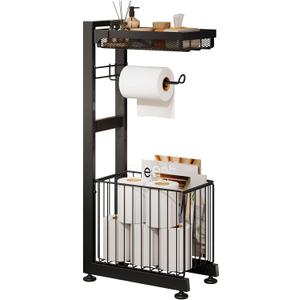 Toilet Paper Holder Stand with Storage Shelf - Multi Tier Metal Toilet Paper Stand with Large Basket for Tissue Rolls, Wipes, Magazines, Sturdy Standing Organizer for Bathroom, Toilet (Black)