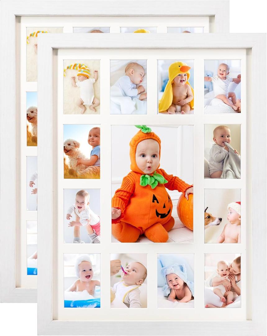 GMFrames Baby First Years Photo Frames 12 Month Picture Frame School Years Graduation Photo Collage White Frame with Mat, Displays One 5x7 Photo and Twelve 2.5x3.5 Pictures,Set of 2