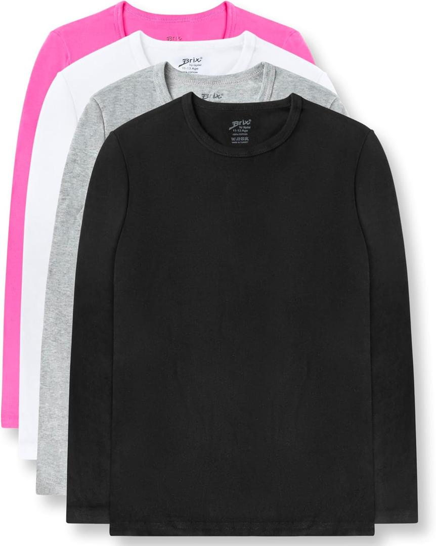 Brix Girls' Long Sleeve Tees - 100% Cotton Tagless 4 -Pack Crew Neck Super Soft Cotton T Shirts., 9-10Y