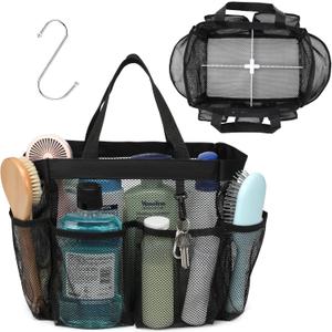 F-color Mesh Shower Caddy Portable with Dividers - Upgrade Deeper 7 Pockets Dorm Room Essentials with S Hook, Shower Bag Basket Tote for Guys Girls College Camping Toiletry Bathroom, Black