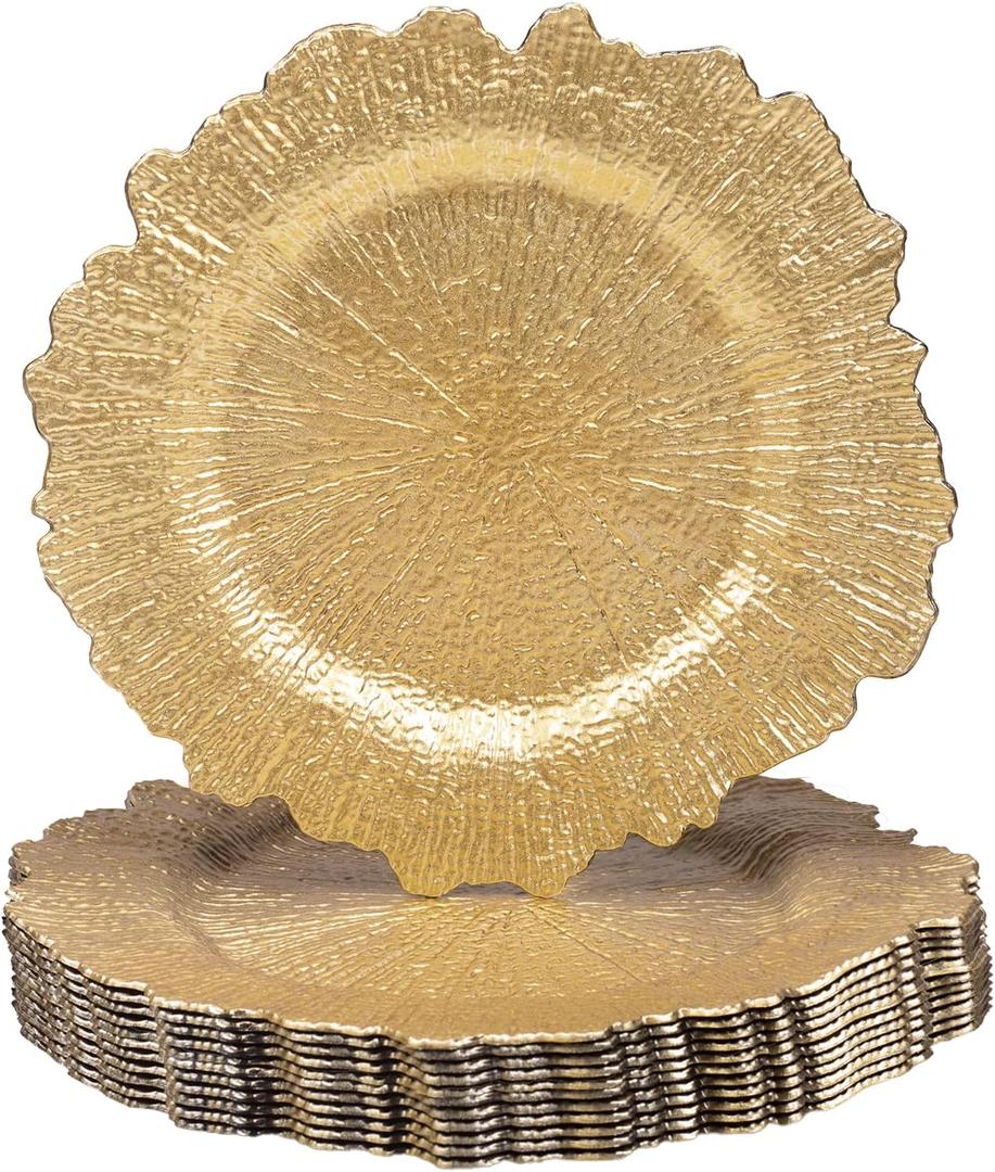 MAONAME 13" Gold Charger Plates, Round Reef Chargers for Dinner Plates, Plastic Plate Chargers for Table Setting, Wedding Decor, Set of 12