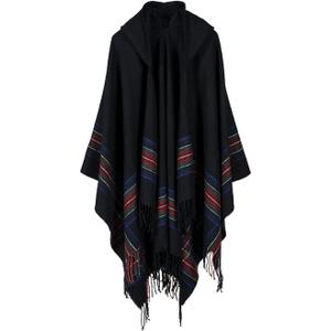 Bakerdani Poncho Capes with Hood Pashmina Cardigans Blanket Shawls with Tassels (One size:130*150cm, Black)