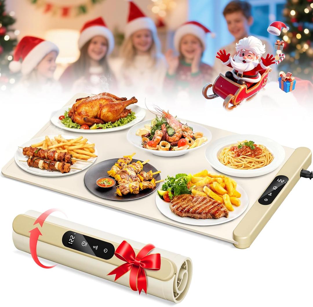 Food Warming Mat,Upgrade Fast Full-Surface Heating Mat, Electric Warming Tray with 6 Temperature and 6HoursTimer, Portable Rollable Food Warmer Perfect For Parties Buffet and Home Dinners (White)