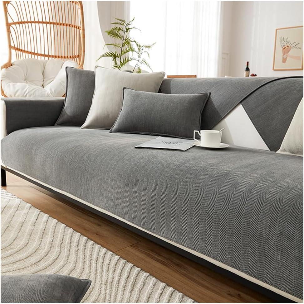 Herringbone Chenille Sofa Slipcover, Furniture Protector Sofa Covers Universal Non-Slip L Shape Couch Cover Quilted Corner Slipcovers for Living Room (Dark Grey, 90 * 180cm/36''x70'')