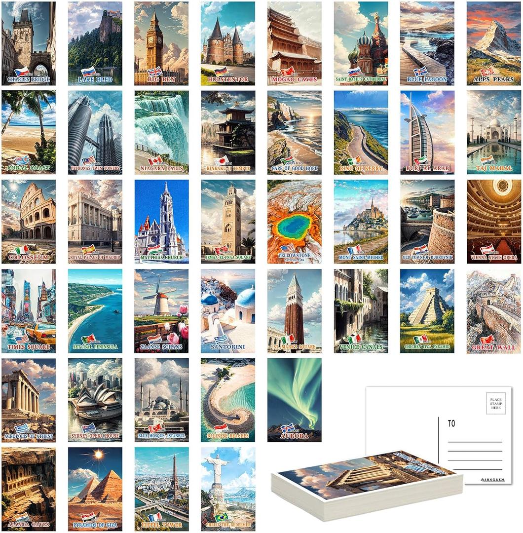 SHOXREM 40Pcs Travel Postcards From Around The World: Vintage World Travel Posters Wall Decoration - Landmark Illustrations,Retro Geography Destination Collage, 4" W x 6" H