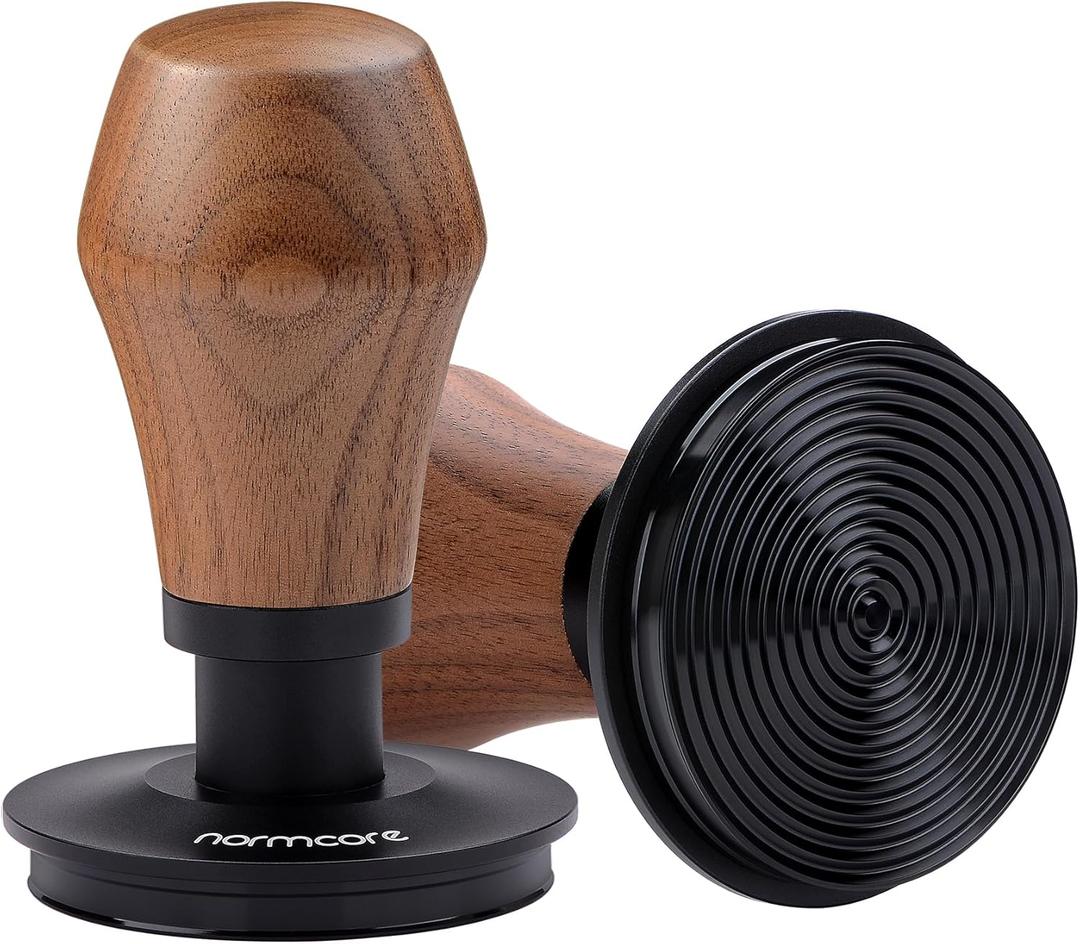 Normcore 58.5mm Coffee Tamper V4.1 with Click Sound Feedback, Espresso Spring Loaded Tamper with Titanium PVD Coating Ripple Base, Genuine American Walnut Handle with Silicone Stand