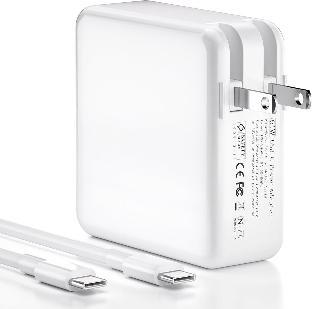 61W USB-C MacBook Charger for Pro/Air 13" 14" 15" 16" | Fast Power Adapter with 6.6ft USB-C Cable for Home, Office & Travel
