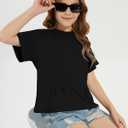 ZDC Girls Pleated Short Sleeve T Shirts Summer Crewneck Tops Casual Cute Basic Tees 5-14 Years Black