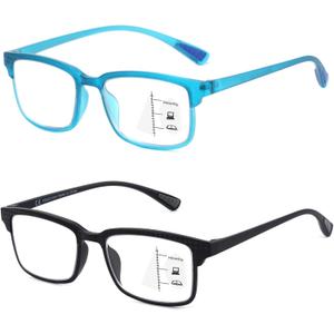 CARA 2 Pack Progressive Multifocus Reading Glasses for Men, Women Premium TR90 Frame Blue Light Blocking Computer Readers, 3ft Range Workspace (Top is not 0), 2.0 Black+Light blue