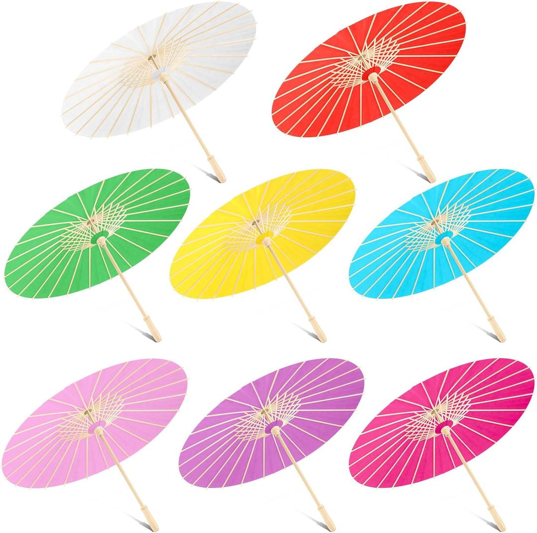 Sanwuta 8 Pcs 23.6 Inch Paper Parasol Umbrellas Chinese Japanese Handmade Oil Paper Sun Umbrella for Wedding Bridal Party Photo Props DIY Decor Garden Parties Tea Party Decorations (Multicolor)