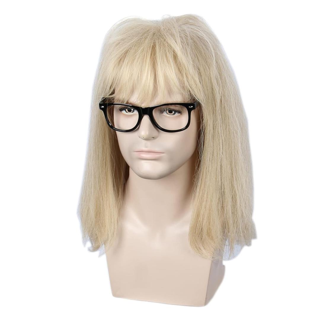 Linfairy 80s Heavy Metal Halloween Mullet Fancy Punk Wig with Glasses frame