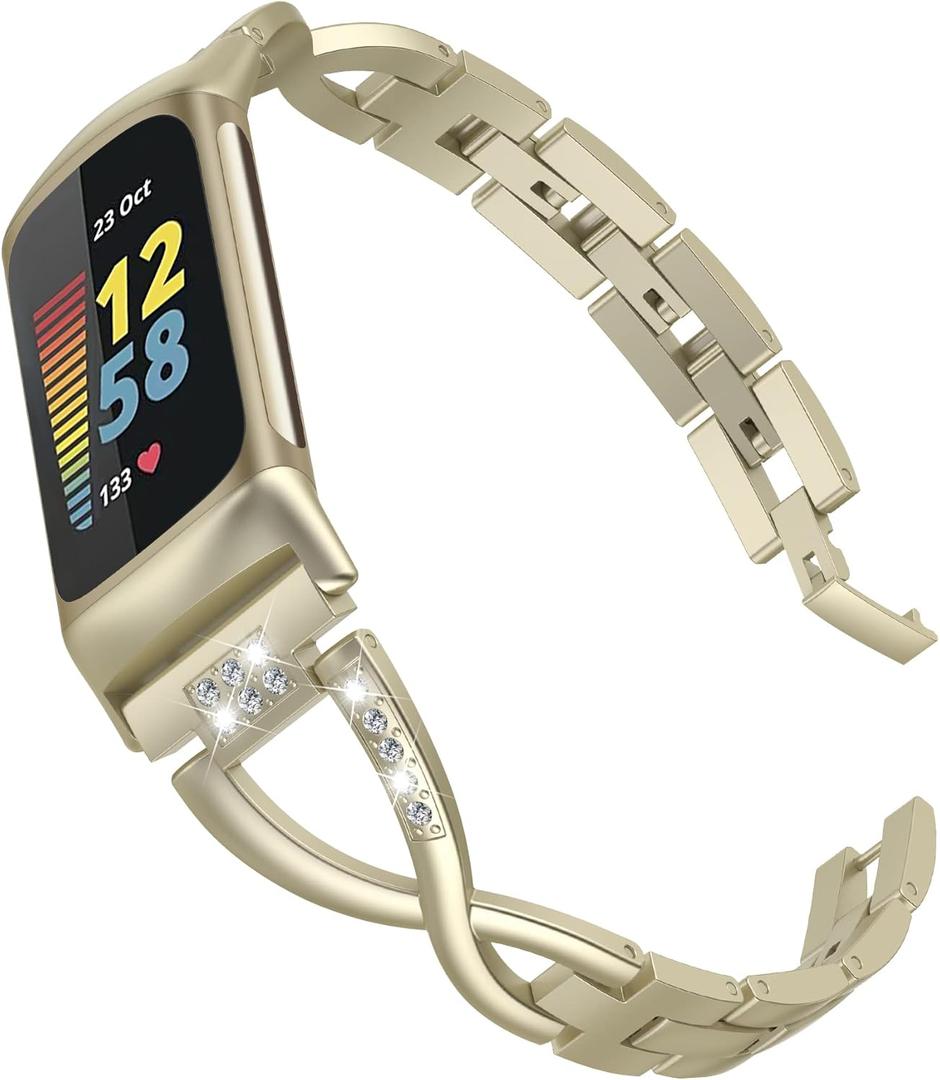 Wearlizer Compatible with Fitbit Charge 5 Bands for Women Metal Replacement Cute Band Strap with Bling Rhinestone Bracelet Bangle for Charge 5 Soft Gold