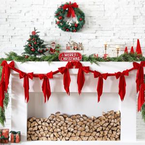 6 ft Christmas Velvet Bow Garland Pre-Strung 10 Red Bow Garland Decoration Xmas Hanging Ornaments Party Banner for Xmas Tree Fireplace Staircase Winter Coquette Birthday Party Decor