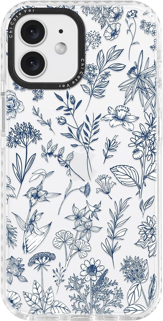 for iPhone 12 Case, Vintage Botanical Pattern with Blue Flowers, Military-Grade Drop Protection, Floral Soft Slim TPU Protective Cover with Camera Protection for Women & Girls