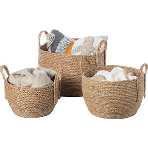 Vintiquewise Decorative Round Wicker Woven Rope Storage Blanket Basket with Braided Handles - Set of 3 (Brown)