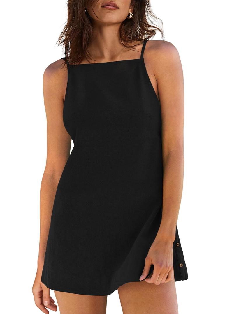 Yanekop Womens Linen Mini Dress Spaghetti Strap Short Beach Summer Dresses Sleeveless Sundress Open Back Dress(Black,L)