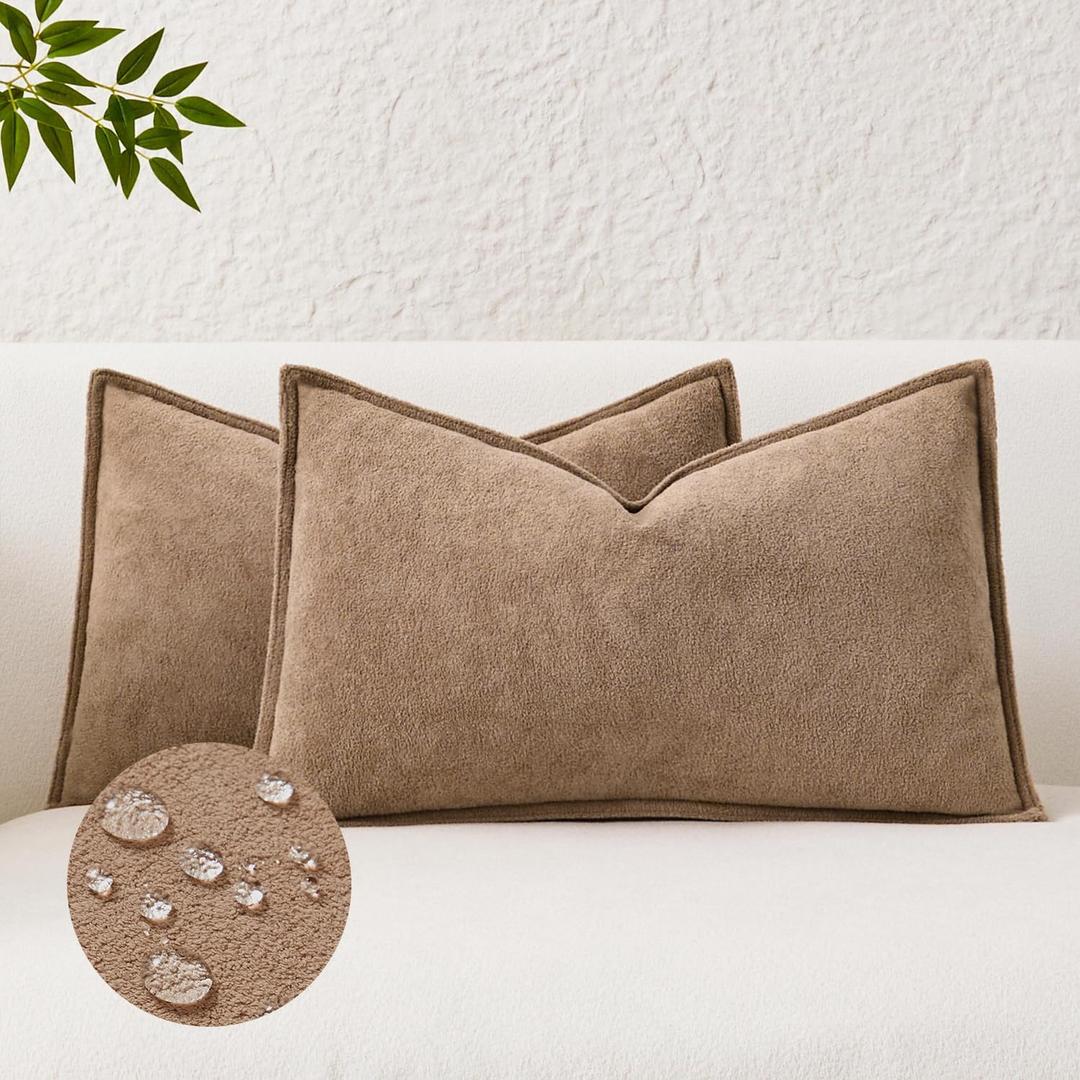 Kevin Textile Waterproof Decorative Pillow Covers Camel 12x20 Inch Pack of 2 Soft Boucle Textured Lumbars Cushions Elegant Accent Pillows for Couch Sofa Chair Bed Home Decor Indoor Outdoor