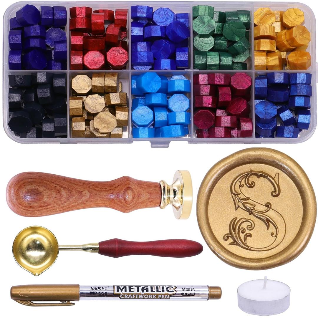 SWANGSA Letter Wax Seal Stamp Kit, 3D Floral Initial Alphabet S Sealing Stamp and 200pcs Sealing Wax Beads Kit for Wedding Invitations Cards Envelopes