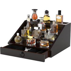upcessory Wooden Cologne Organizer for Men Enhanced 4 Tier Cologne Stand Shelf Perfume Organizer with Velvet Lined Drawer & Hidden Storage Perfume Display Holder for Dresser Nice Gift (Stylish Brown)