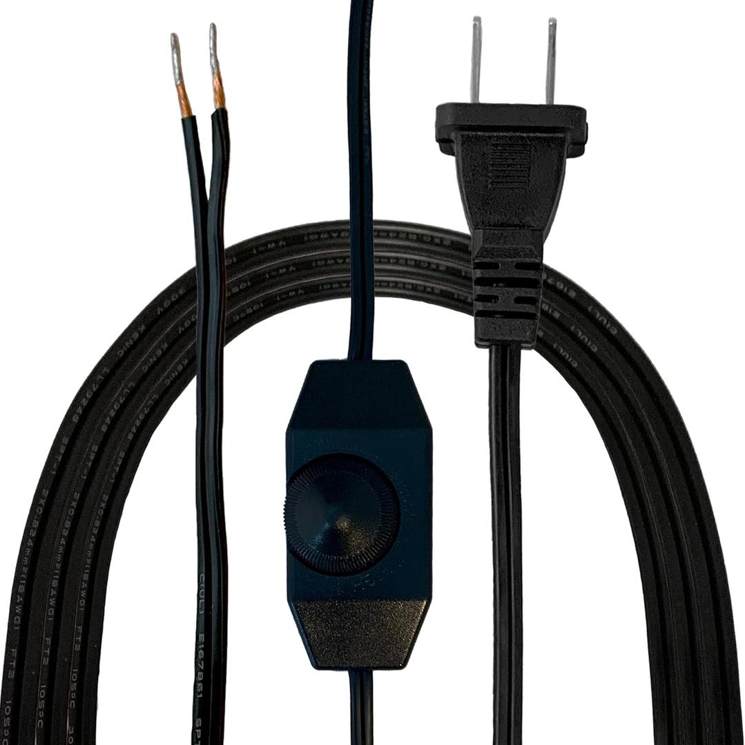 Royal Designs, Inc. 8 Foot Replacement Lamp Cord with Molded Plug and Rotary Dimmer Switch, Stripped Ends Ready for Wiring, SPT-1 Safe for USA, CO-1001D-BLK-8-1, Black
