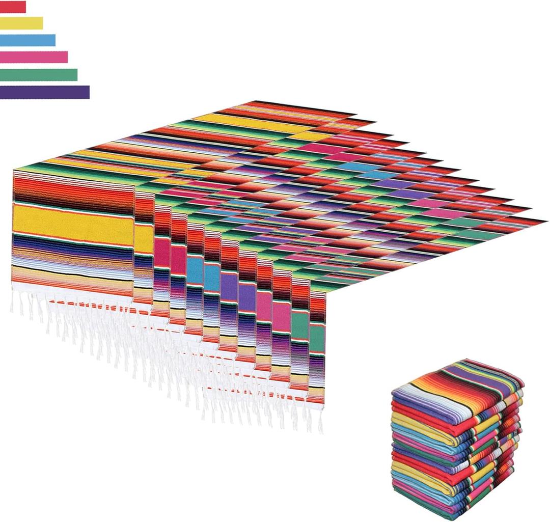 12 Pack Mexican Table Runners 14 x 84 Rainbow Colors Large Boho Mexican Theme Party Decoration for Cinco de Mayo Fiesta Party 6 Serape Table Runner (14 x 84-12Pcs)