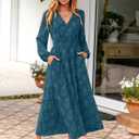Simplee Womens Boho Floral Long Sleeve Maxi Dress V Neck Empire Waist Fall Wedding Guest Dresses with Pockets (L)