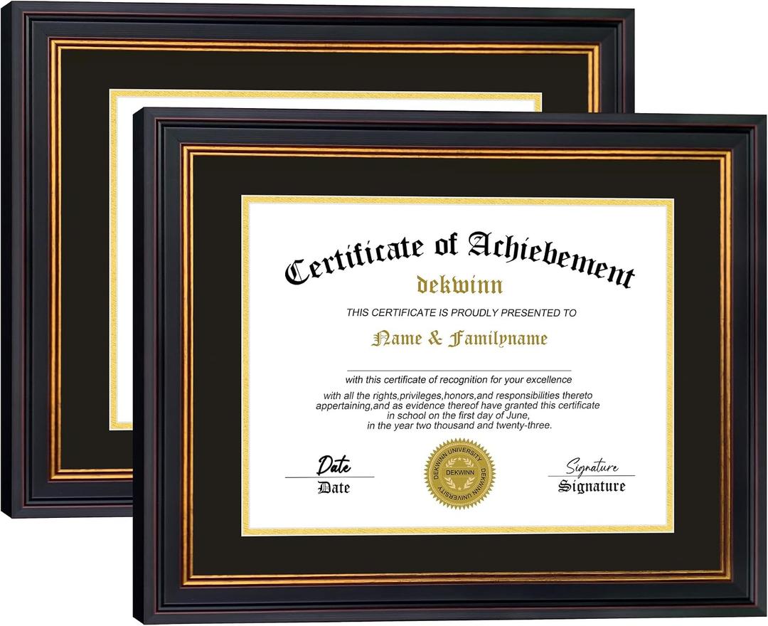 2 x Diploma Frames 8.5x11 with Mat or 11x14 without Mat,Set of 2 Certificate Document Frame with Real Glass,Black Gold & Burgundy Molding(Black/Gold Double Mat)