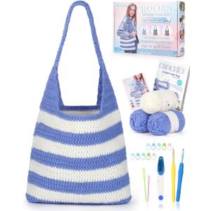 Katech Crochet Kit for Beginners, Striped Tote Bag Crochets Set Includes Yarn Crochet Hooks, Complete Crochets Step-by-Step Guide Needles Accessories Adults Crocheted Starter Kit Crocheter Gift (Blue White)