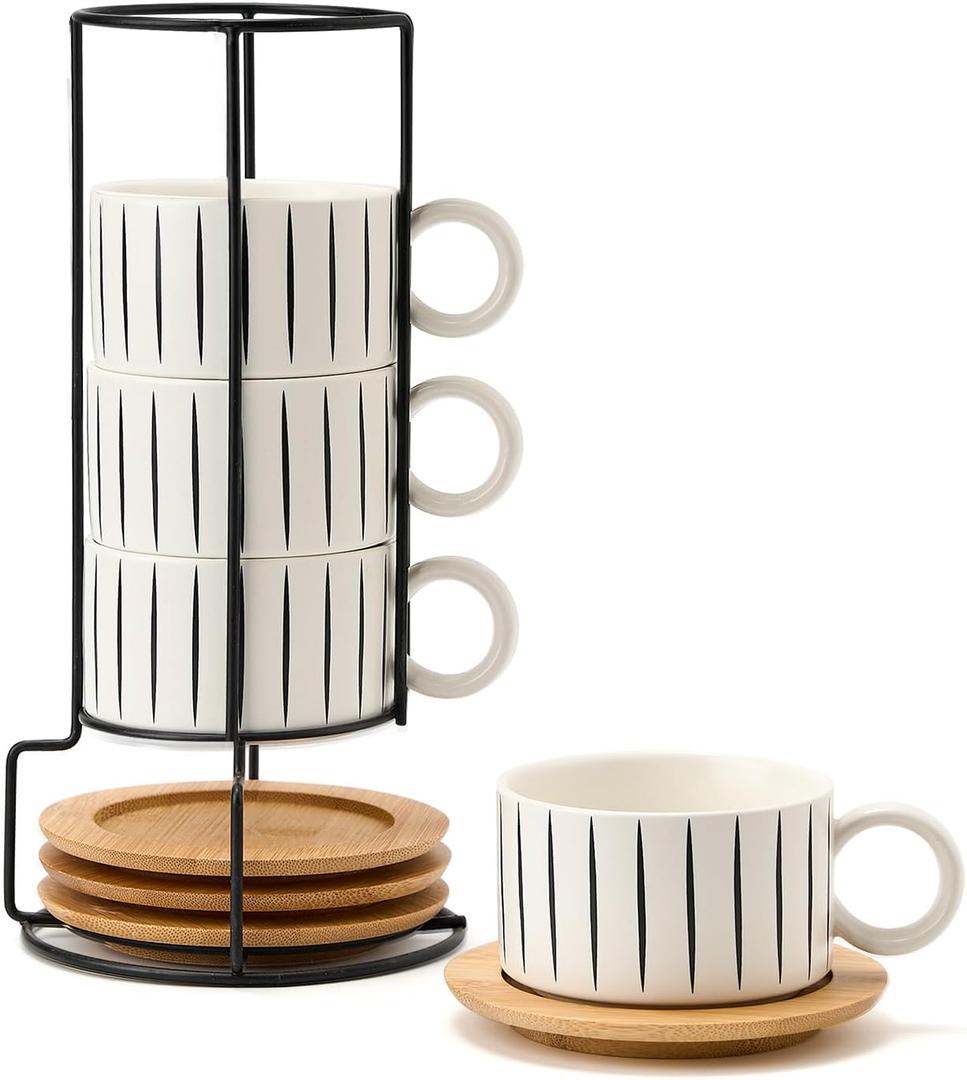 LUKA 6 Ounce Porcelain Stackable Espresso Cups with Saucers and Metal Stand Set of 4, Ceramic Cappuccino Cups Set for Specialty Coffee Drinks, Latte, Cafe Mocha and Tea, Stripes, White (EXP 07/28/26)