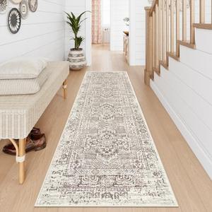Lahome Boho Washable Runner Rug Non Slip, 2.5x10 Soft Hallway Runner Rug for Entryway Indoor with Rubber Backing, Beige 10ft Long Carpet Runner for Bedroom Bedside Bathroom Kitchen RV