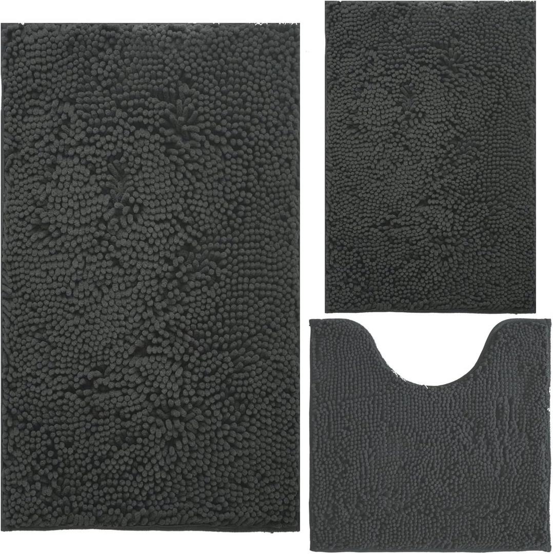 BOANKODU Bathroom Rugs Chenille Bath Mat Set 3-Piece Bath Rugs for Bathroom Extra Soft Bath Mats for Bathroom Non Slip Absorbent Shag Machine Washable, Strong PVC Underside (Grey)