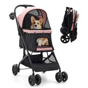 Dog Stroller,4 Wheels Easy-Fold Pet Cat Stroller for 10-36 lbs Small/Medium Dogs and Cats with Storage Basket & Cup Holder, Breathable Mesh,All-Season-Pink
