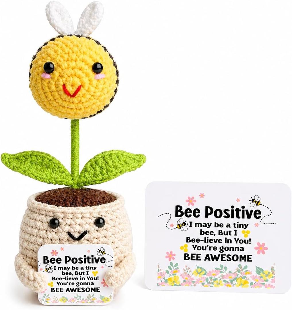 2 x Positive Bee Crochet Doll “Bee Positive, Bee Awesome” Cute Inspirational Gift for Mom, Grandma, Teacher, Coworker, Friends, Women, Men – Mother’s Day, Birthday, Appreciation Desk Decor