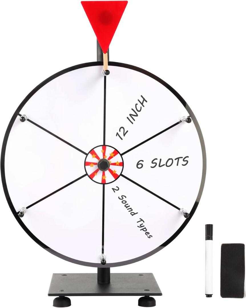 12 Inch Heavy Duty Prize Spinning Wheel with Iron Base Stand, 6 Blank Slots White Tabletop Spin Wheel Spinner with Dry Erase Markers and Eraser for Carnival Trade Show Game