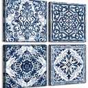 DJSYLIFE Bathroom Wall Decor Navy Blue Flower Paintings Canvas Prints Decoration Vintage Wall Art for Bedroom Framed Ready to Hang 12" Wx12 Hx4 pcs