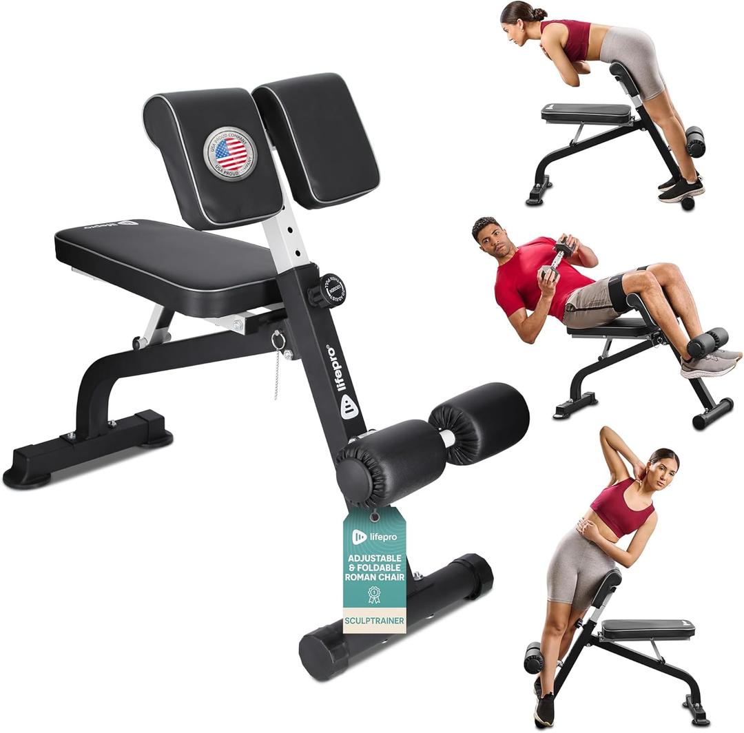 Lifepro SculptTrainer Roman Chair  Hyperextension Bench for Strength Training  Adjustable Back Extension Machine, Ab Bench & Foldable Sit-Up Bench for Athletes, Core Work & Home Gym Workouts