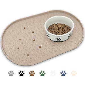 KPWACD Dog Food Mat Anti-Slip Bowl Mats for Food and Water, High-Lips Waterproof Pet Placemat Prevent Messy Spills to Floor, Silicone Puppy Feeding Trays for Large Medium Small Dogs Cats (Many Paw - 18"x12", Taupe)
