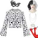 8pcs Adult Cruella Deville Costume Women for Halloween Costume Cosplay Dalmatian Shawl with Accessorie Black White Wig