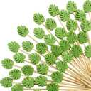 WILLBOND 200 Pcs Green Monstera Leaf Cocktail Picks Long Toothpicks for Appetizers Summer Cocktail Skewers Disposable Fancy Bamboo Food Sticks for Summer Spring Holiday Birthday Party Decoration