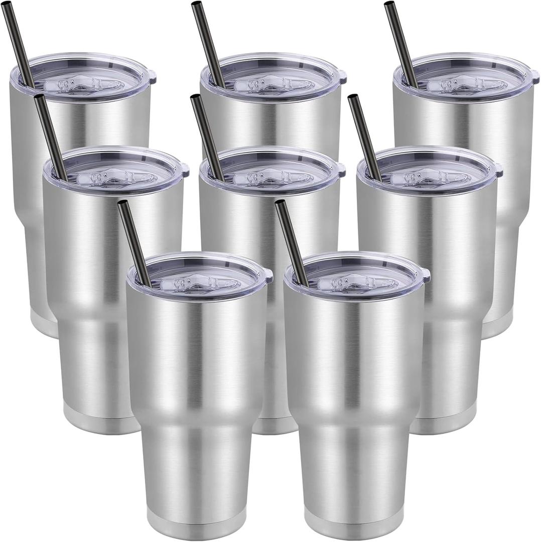DOMICARE 30 oz Tumbler with Lid and Straw, Stainless Steel Tumblers Bulk, Insulated Vacuum Double Wall Travel Coffee Mug, Durable Powder Coated Tumbler Cups (Stainless Steel, 8)