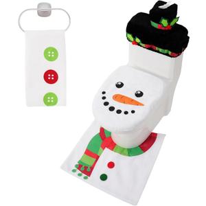 JOYIN 5 Pieces Christmas Snowman Theme Bathroom Decoration Set with Toilet Seat Cover, Rugs, Tank Cover, Toilet Paper Box Cover and Towel for Xmas Indoor Décor, Party Favors