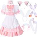 Irtysh Anime French Women Bunny Maid Sweet Kawaii Costume Cosplay Dress Furry Cat Ear Gloves Socks set (Small, Pink)