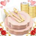 NOCCUR 175PCS Pink Plates with Gold Disposable Silverware - Include 50 Pink Plastic Plates,25 Knives,25 Forks,25 Spoons,25 Cups and 25 Napkins - Ideal for Party/Wedding/Valentines Day