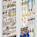 keomaisyto Earring Holder Organizer, 360 Rotating Jewelry Holder with Ring Tray/Necklace/Bracelet/Ring Hooks, White Earring stand with 4 Sides and 2 Wooden Trays for Jewelry Display (Upgraded)